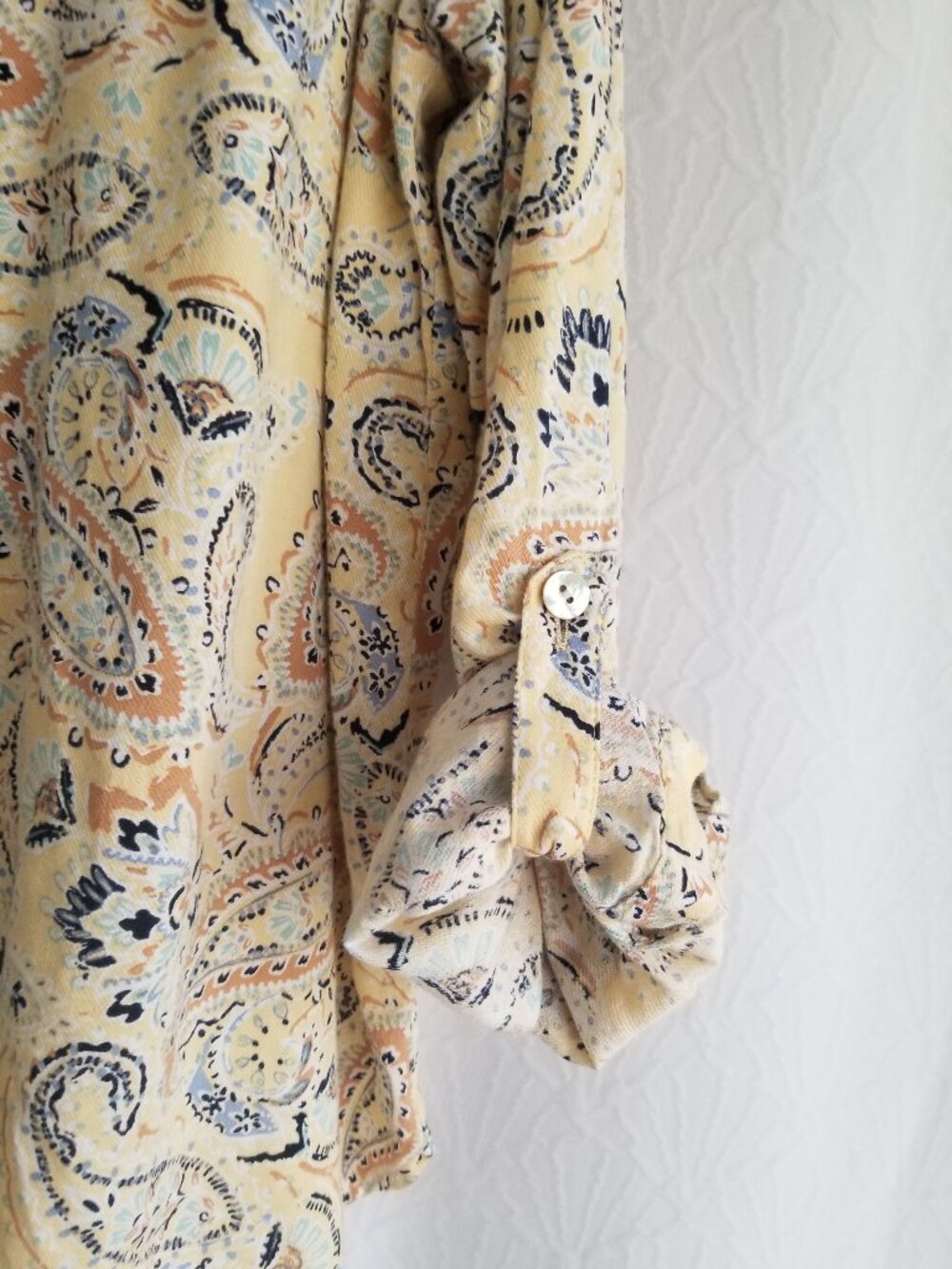 J. Jill Yellow Paisley Roll Tab Sleeve Blouse Large - Picture 7 of 10